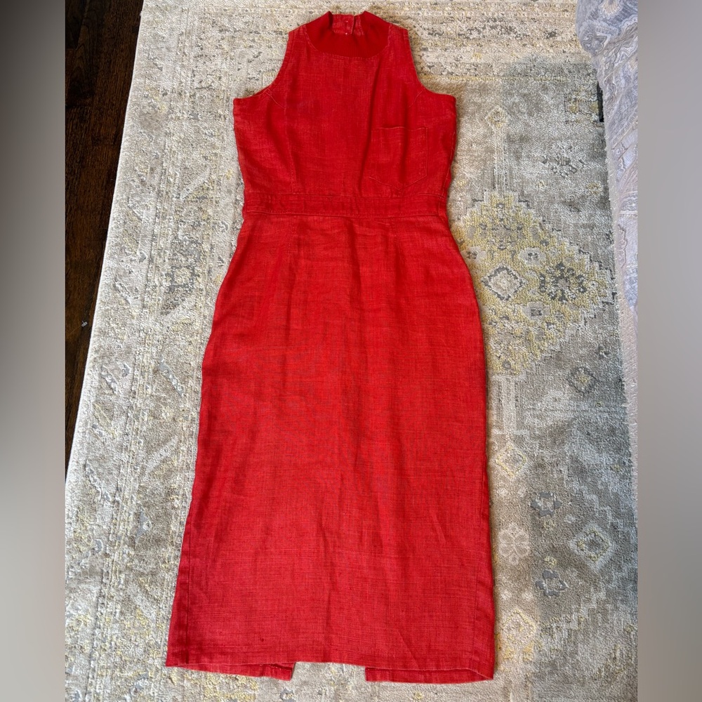 Vintage Red Linen Midi Dress With Button down Back - Picture 3 of 15